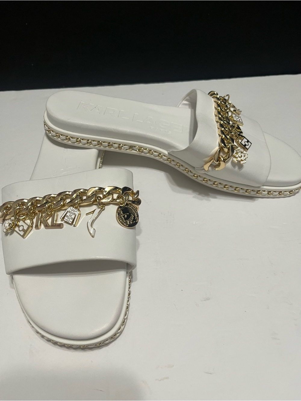 Karl Lagerfeld White Slide Sandals with Gold Charm Chain